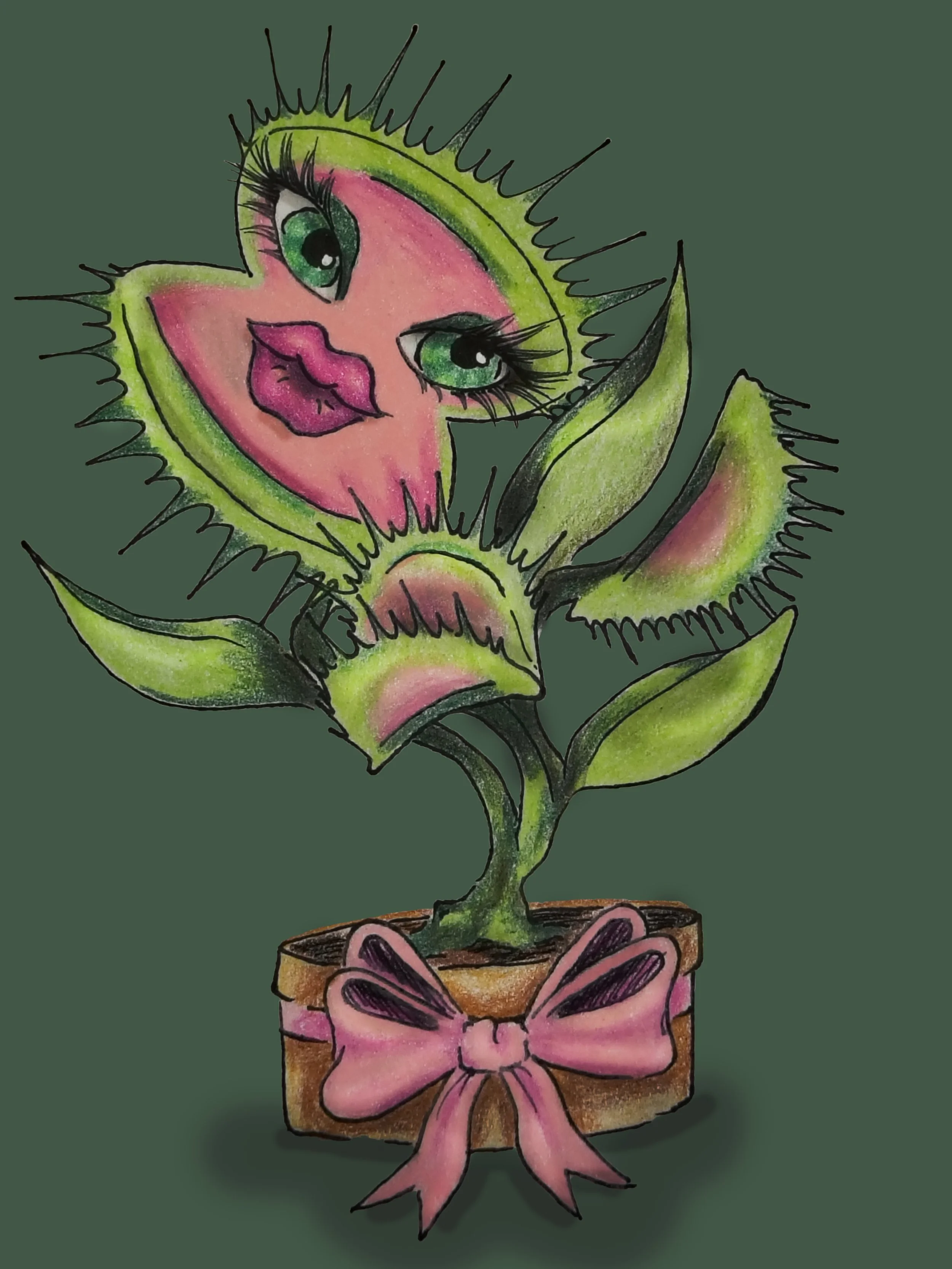 A colorful drawing of a potted plant with a pink, human-like face with large green eyes, eyelashes, pink lips, and spiky green leaves, wrapped in a pink bow around the pot.