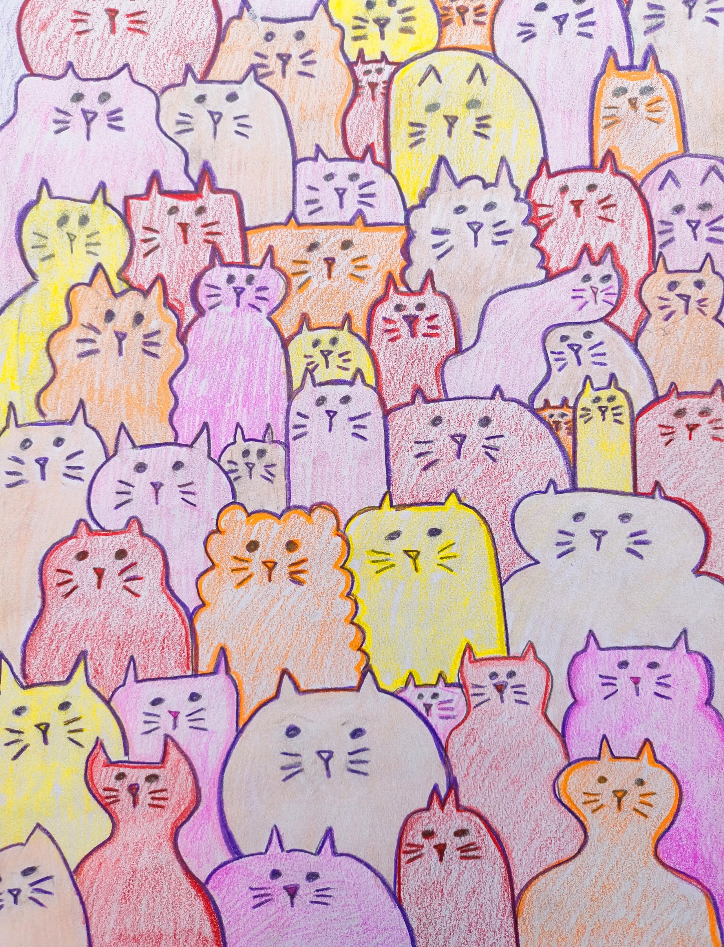 Colorful drawing of numerous cats in different pastel shades outlined in dark purple, with simple facial features, creating a vibrant, playful pattern.