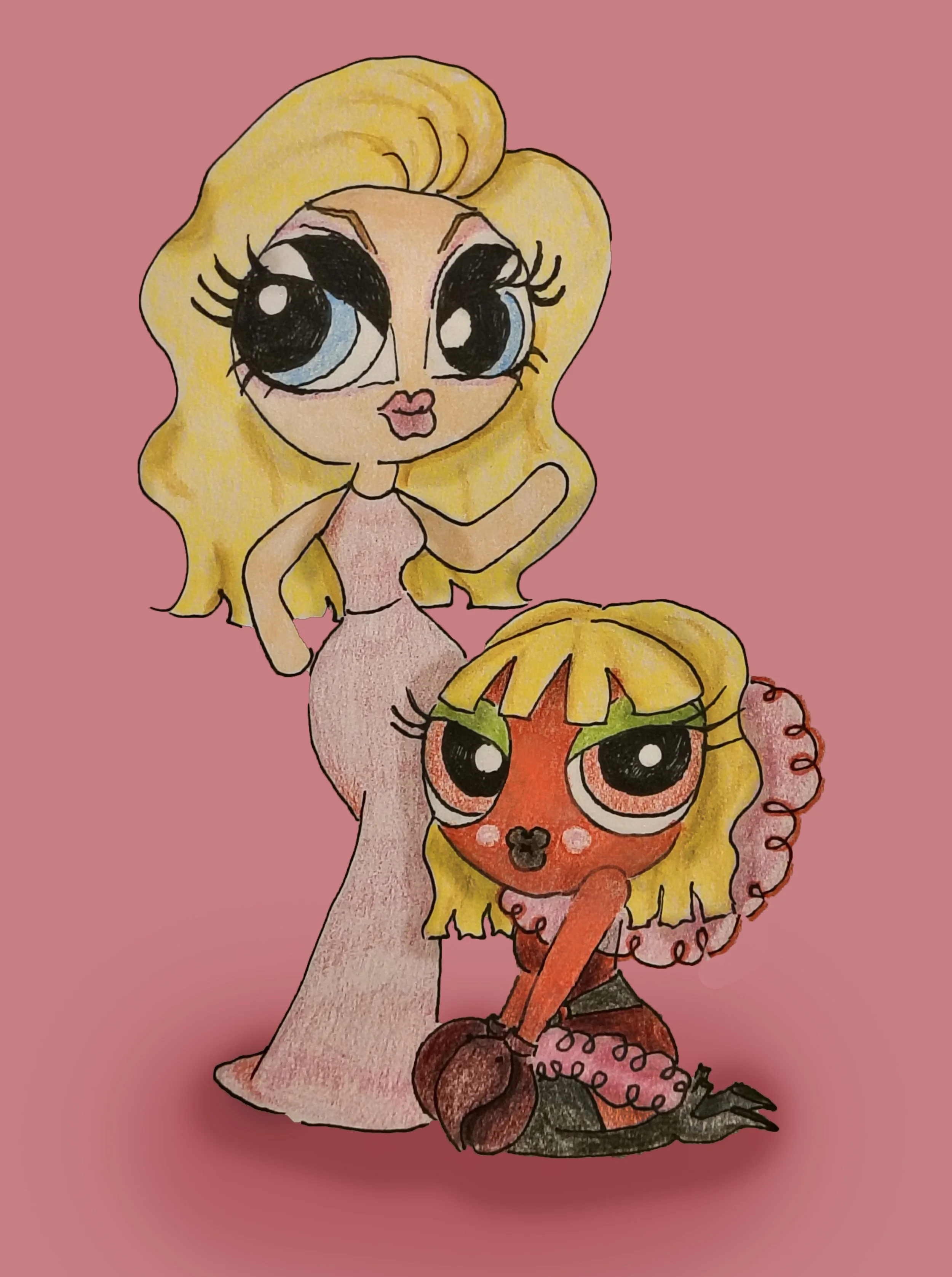 A colorful cartoon drawing of two stylized cartoon characters with large eyes, blonde hair, one with a pink dress and the other with a pumpkin head, set against a pink background.