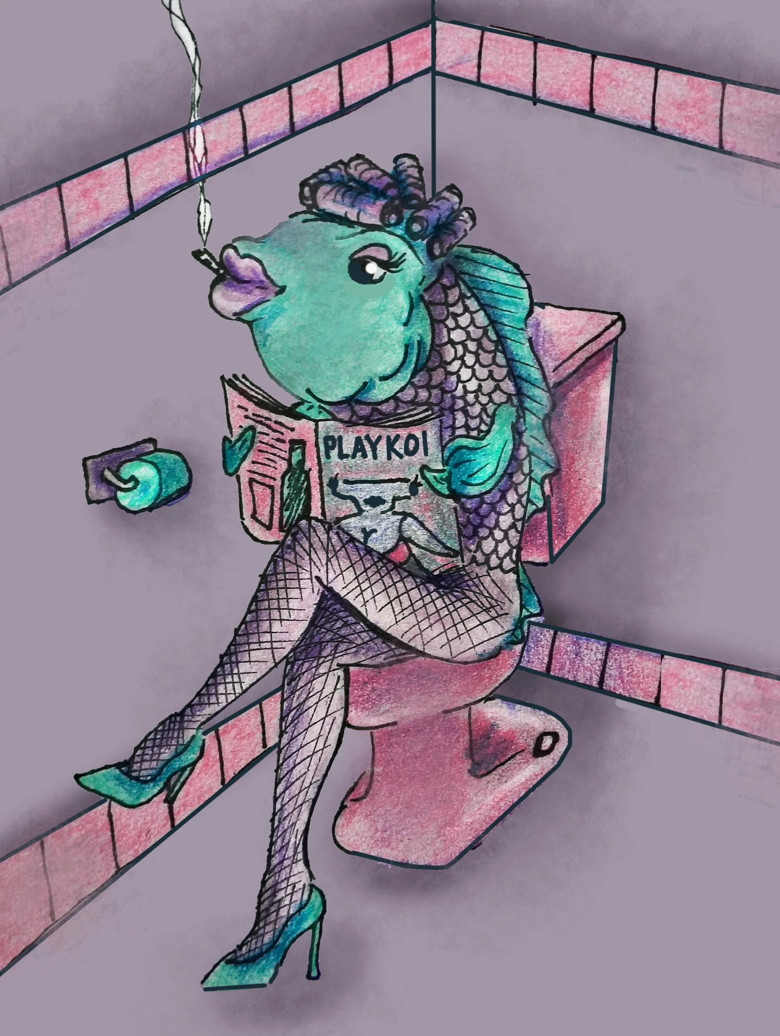 A colorful hand-drawn image of a cute mermaid sitting on a pink bench in a bathroom. The mermaid has turquoise hair, a purple seashell top, fishnet stockings, high heels, and a long fish tail. She's reading a magazine called "Playkoi" and has a pipe in her mouth. The background shows a purple wall with pink tile trim and a towel on the floor.
