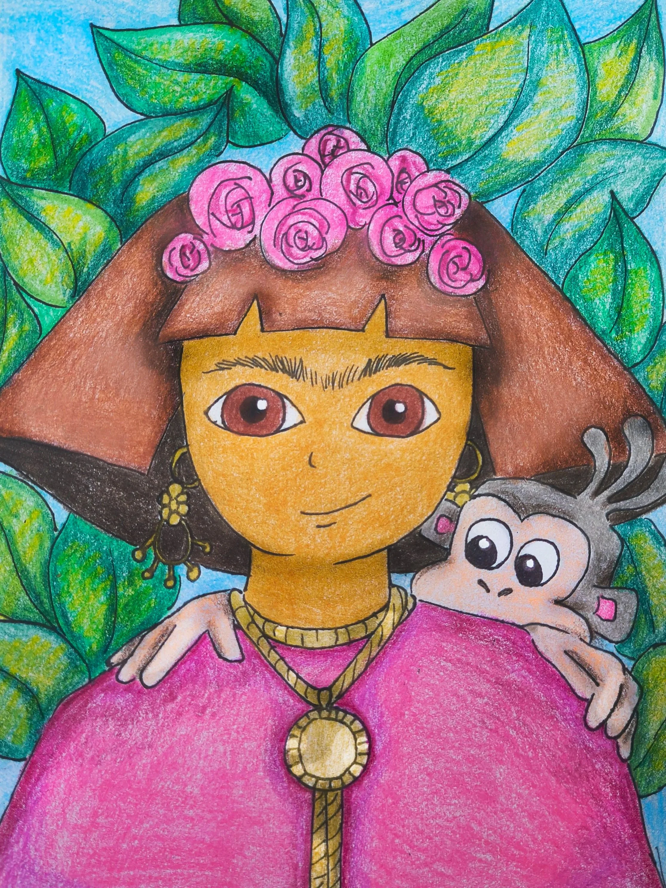 Colorful drawing of a girl with large brown hair adorned with pink roses on her head, wearing a pink dress with gold jewelry, surrounded by green leaves, and a gray-koala in her hand.