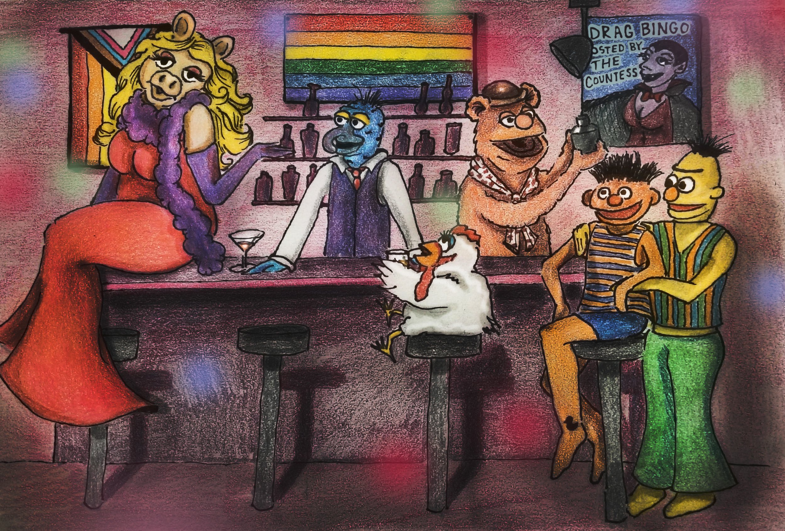 Colorful mural depicting Sesame Street characters at a bar with a rainbow flag, including Miss Piggy, Cookie Monster, Oscar the Grouch, and Bert and Ernie, celebrating LGBTQ pride.