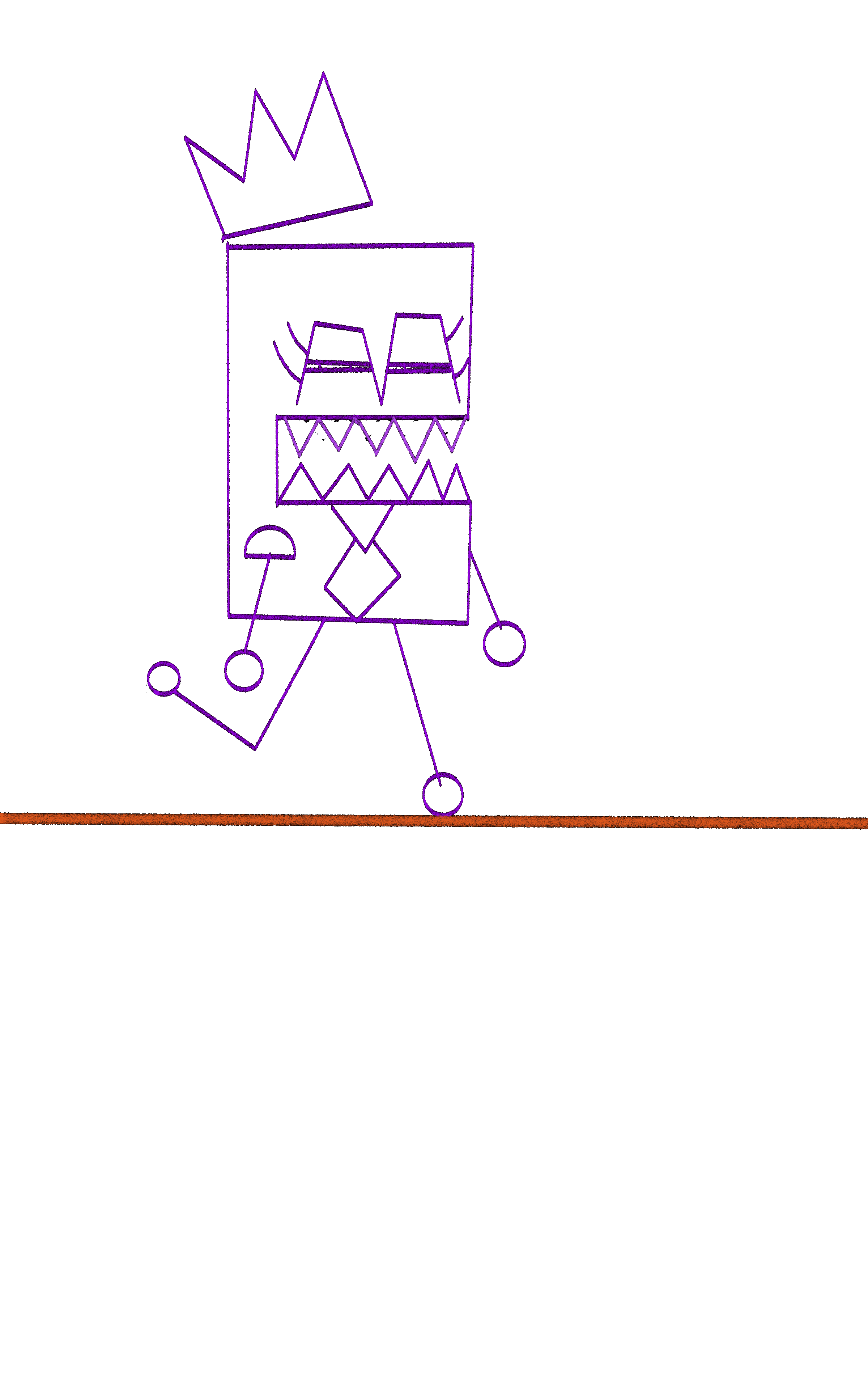 Neon outline drawing of a robot with a crown on its head, standing on a glowing orange line.