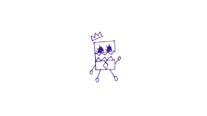A neon doodle of a cartoon robot with a crown, glasses, and a bowtie.
