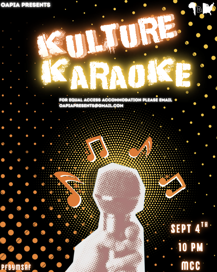 A promotional poster for a cultural karaoke event featuring a pixelated image of a child holding a microphone, surrounded by musical notes, with details about date, time, and location.