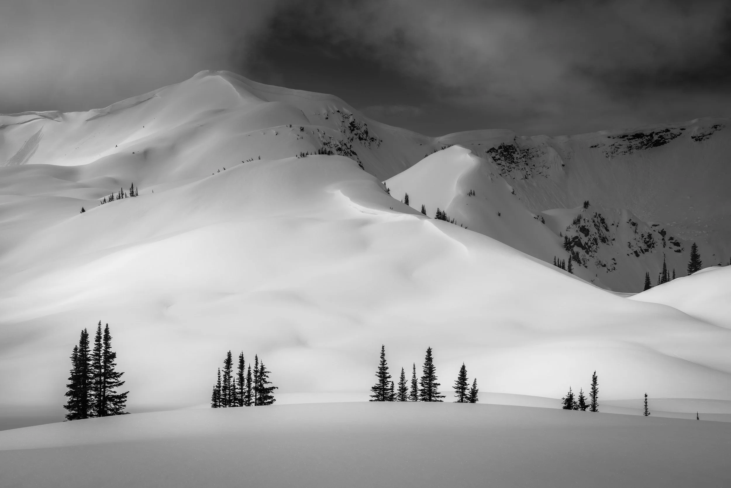 Black-and-white winter landscape of layered snow-covered ridges and evergreen trees beneath dark clouds in Secret Valley, British Columbia.