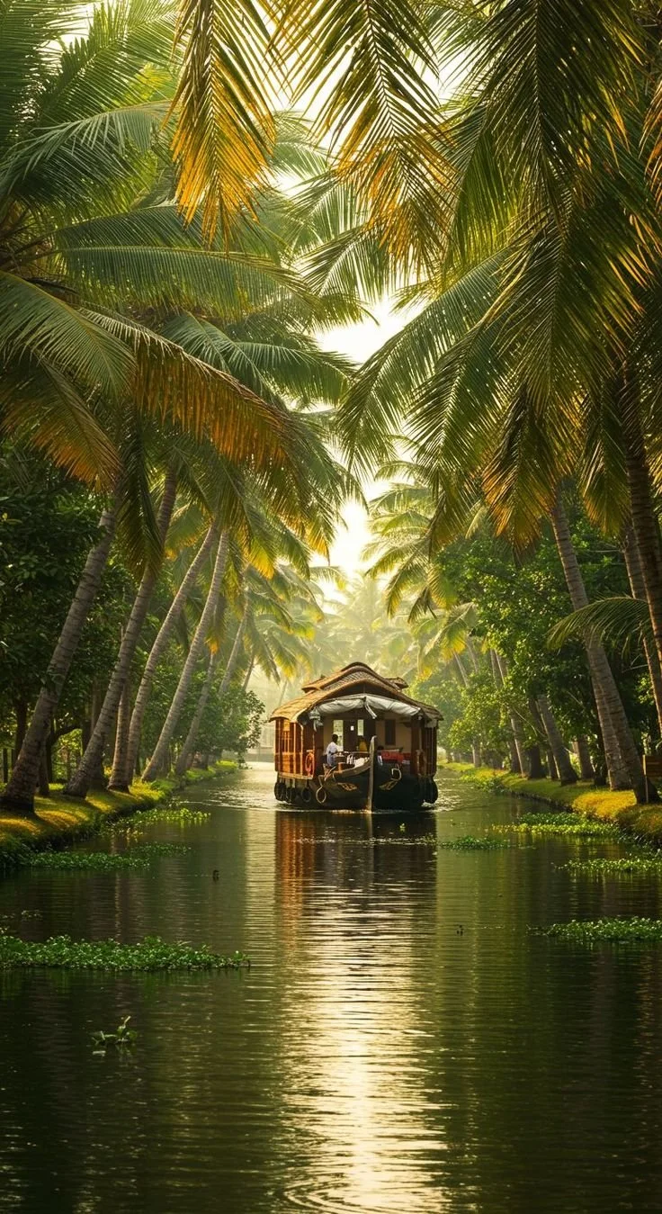 Palm trees surrounding a traditional Kerala dwelling