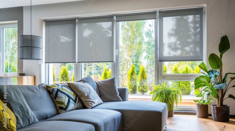 Bright living room with large windows, light gray sectional sofa with assorted cushions, and potted plants near window.