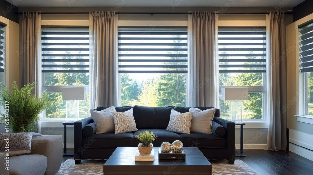 Living room with large windows, black striped blackout shades, beige curtains, black sofa with pillows, side tables, lamps, and a coffee table with decorative objects, green plants, and a view of trees outside.