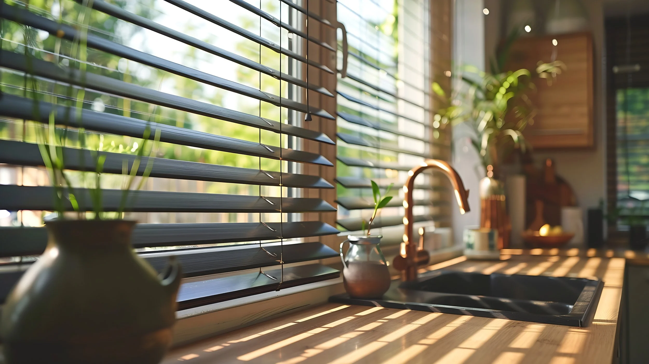 Sunlight shining through window blinds onto a kitchen counter with small potted plants and a copper sink faucet.