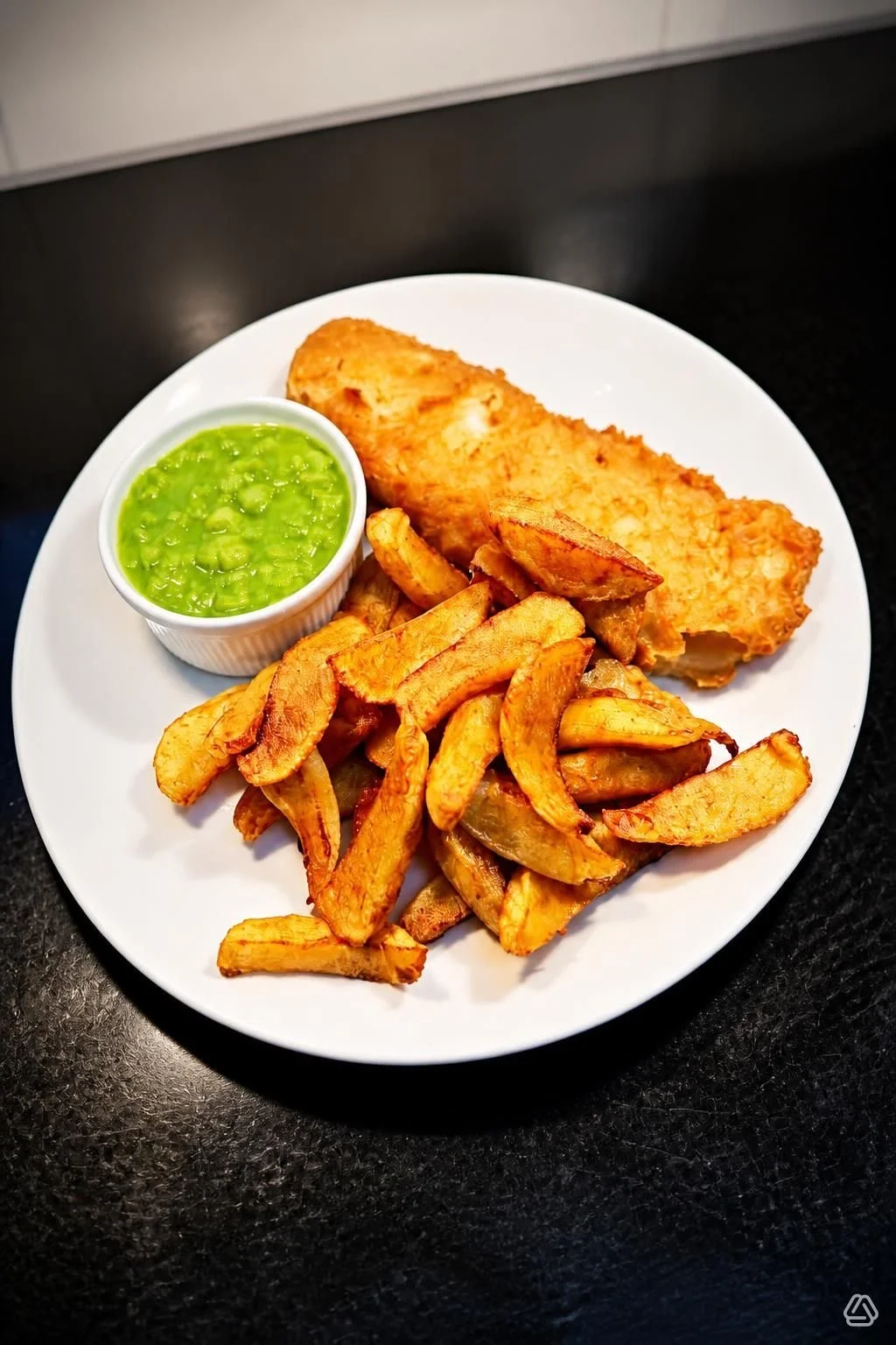Fried fish filet, potato wedges, green pea mash, French fries on a white plate.