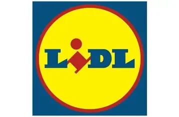 Lidl logo with yellow circle, blue background, and red border