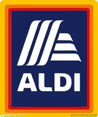 ALDI logo with stylized white letters on a dark blue background, bordered by a yellow and red frame.