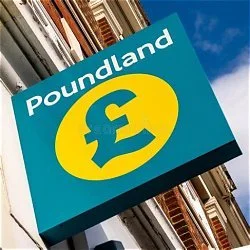 Poundland store sign with a blue background, yellow pound symbol, and white text