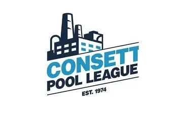 Logo for Consetti Pool League featuring a stylized factory building with smokestacks, with the league name and established year 1974.
