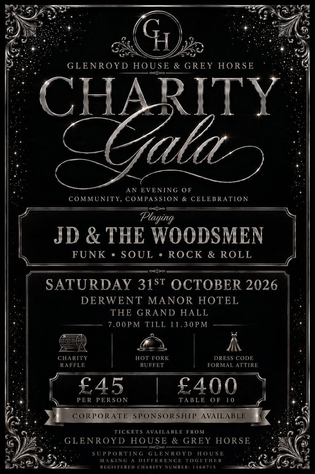 Elegant black charity gala invitation with silver decorative borders and star accents, featuring event details including date, location, entertainment, and ticket prices.
