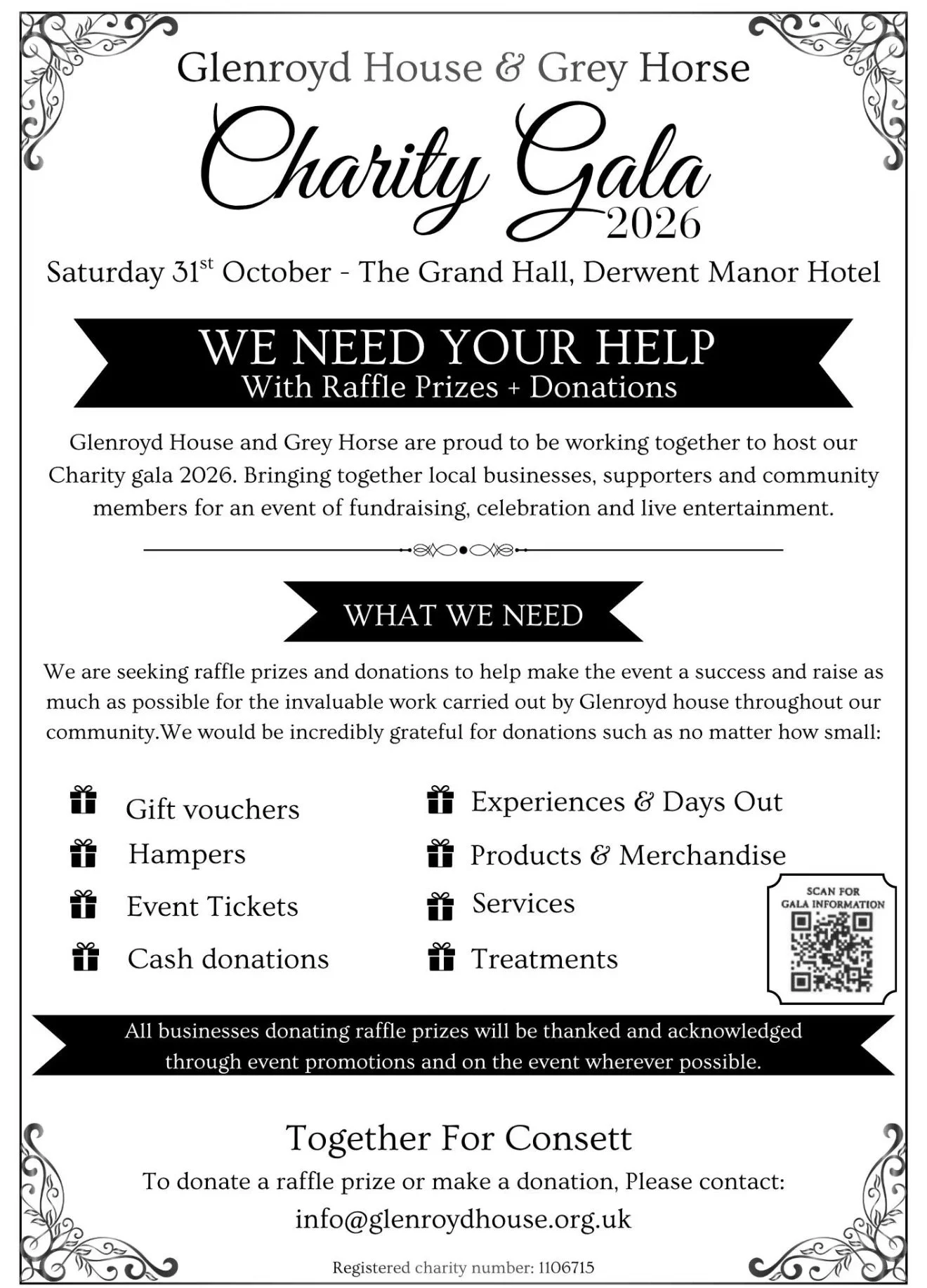 A flyer for the Glenroyd House and Grey Horse Charity Gala 2026, scheduled for October 31st at the Grand Hall, Derwent Manor Hotel. The flyer includes a call for donations and raffle prizes, listing needed items such as gift vouchers, hampers, event tickets, cash donations, experiences, products, services, and treatments. There is a QR code for more information and contact email at the bottom.