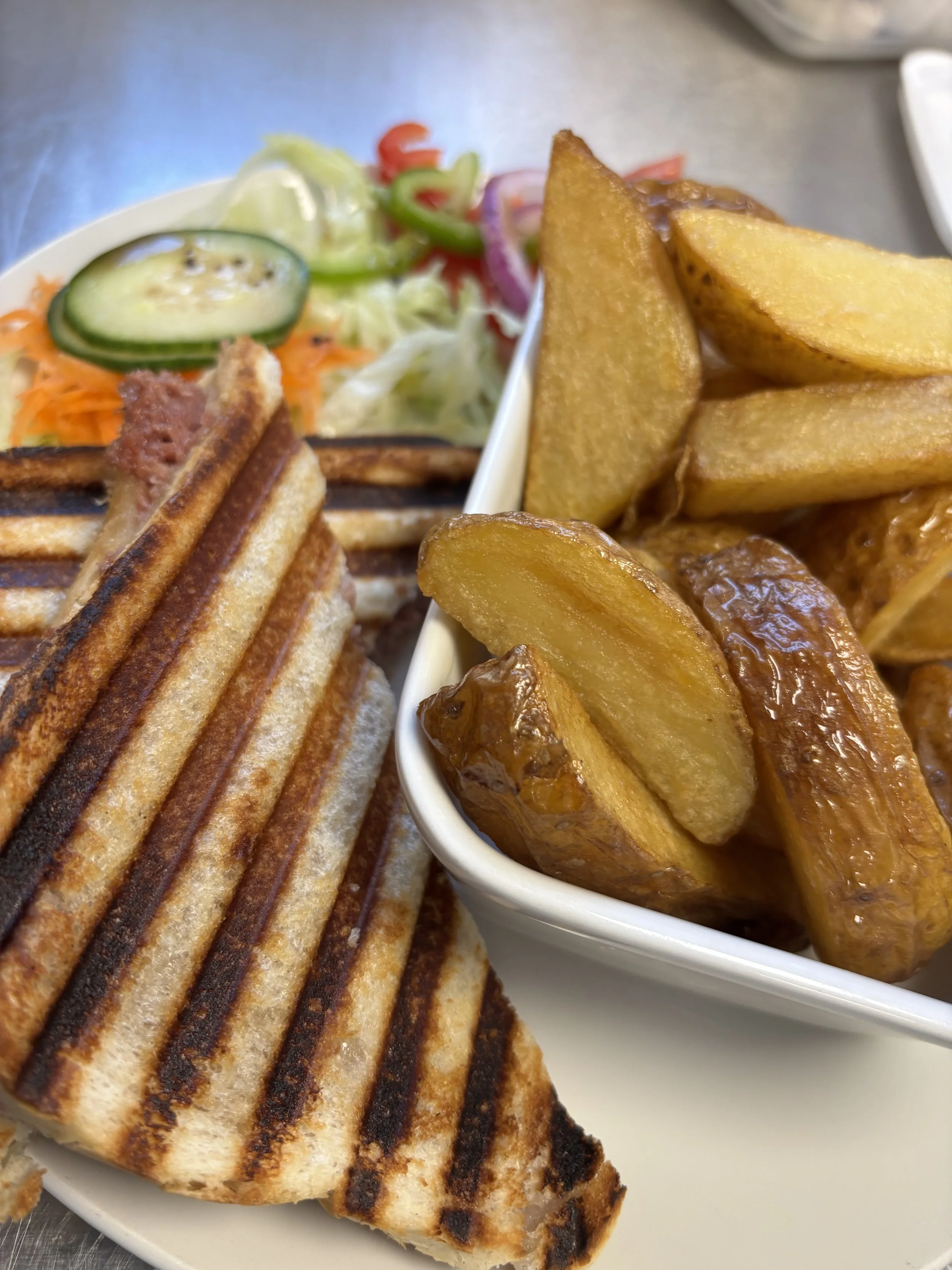 A grilled sandwich with grill marks, served with a side of thick-cut French fries in a white bowl and a small side salad with cucumber, tomato, and lettuce.