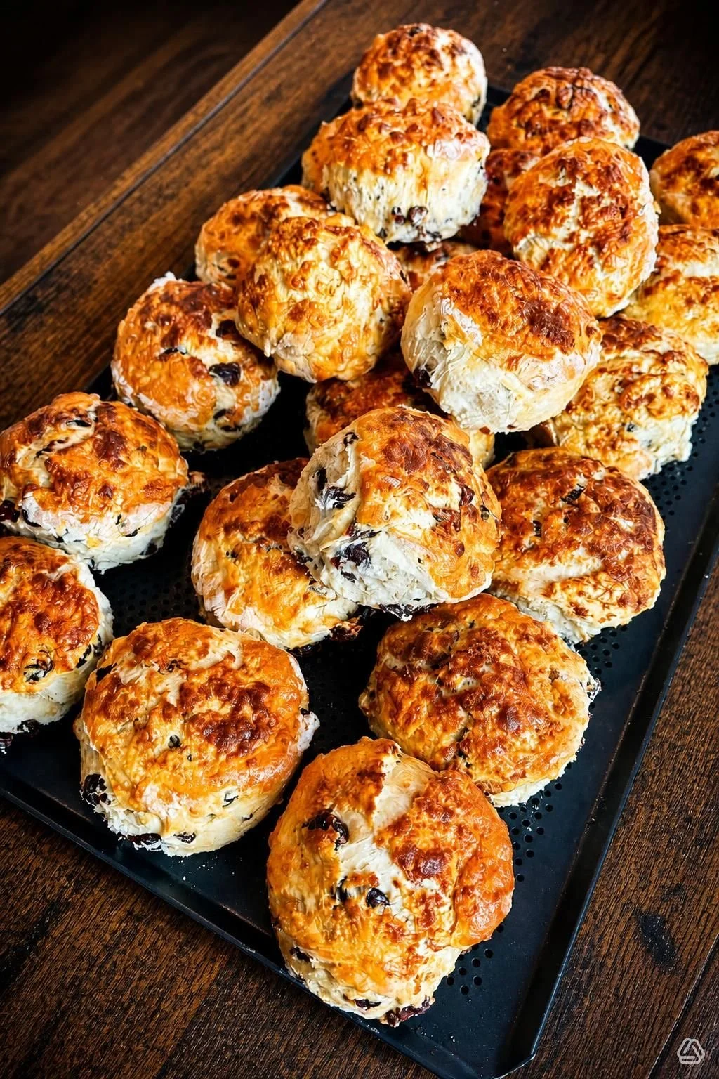 Baked cheese bread rolls on a black tray with a golden-brown crust.
