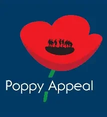 A red poppy flower with silhouettes of people and camels on the petal, and the text 'Poppy Appeal' at the bottom.