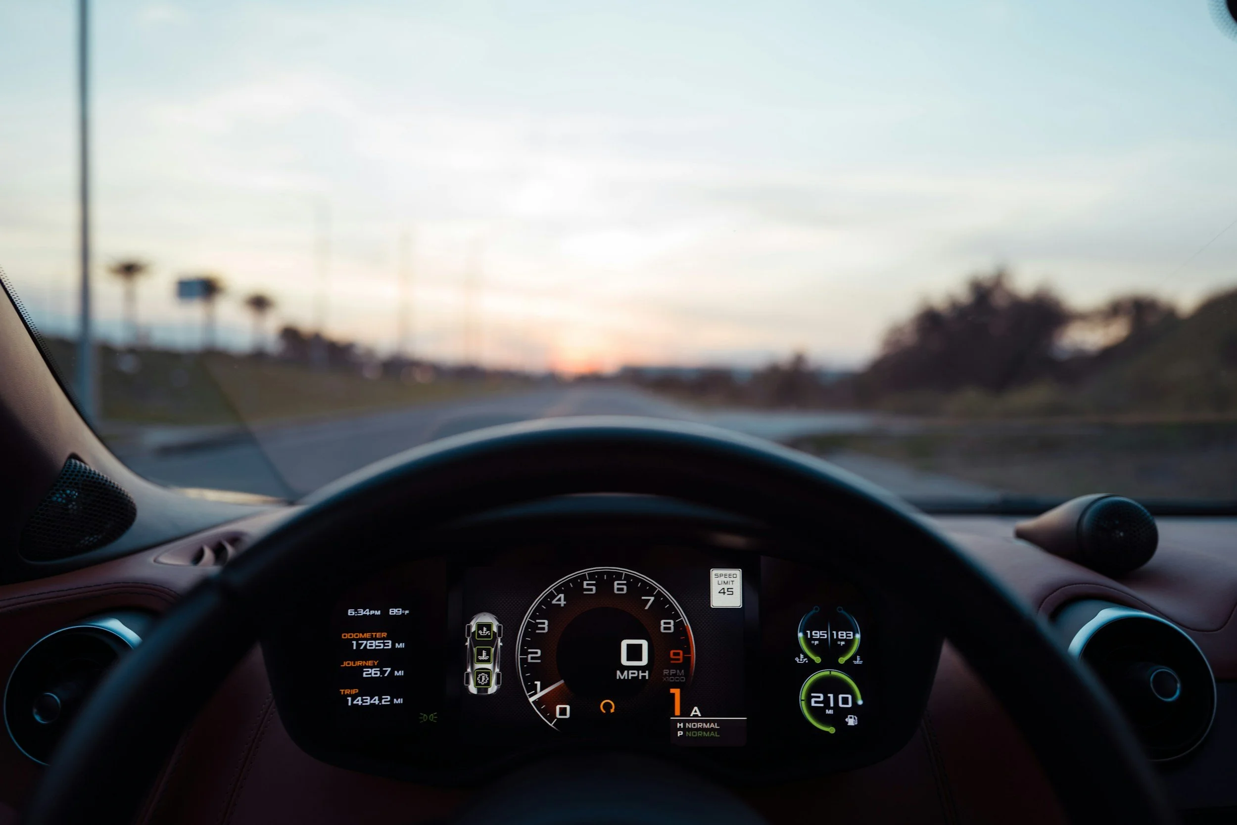Driver view on the road during a dynamic ADAS calibration drive cycle