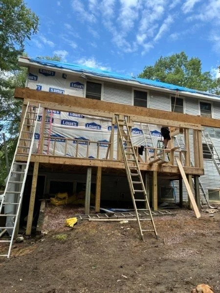 Two-story addition, framed & wrapped