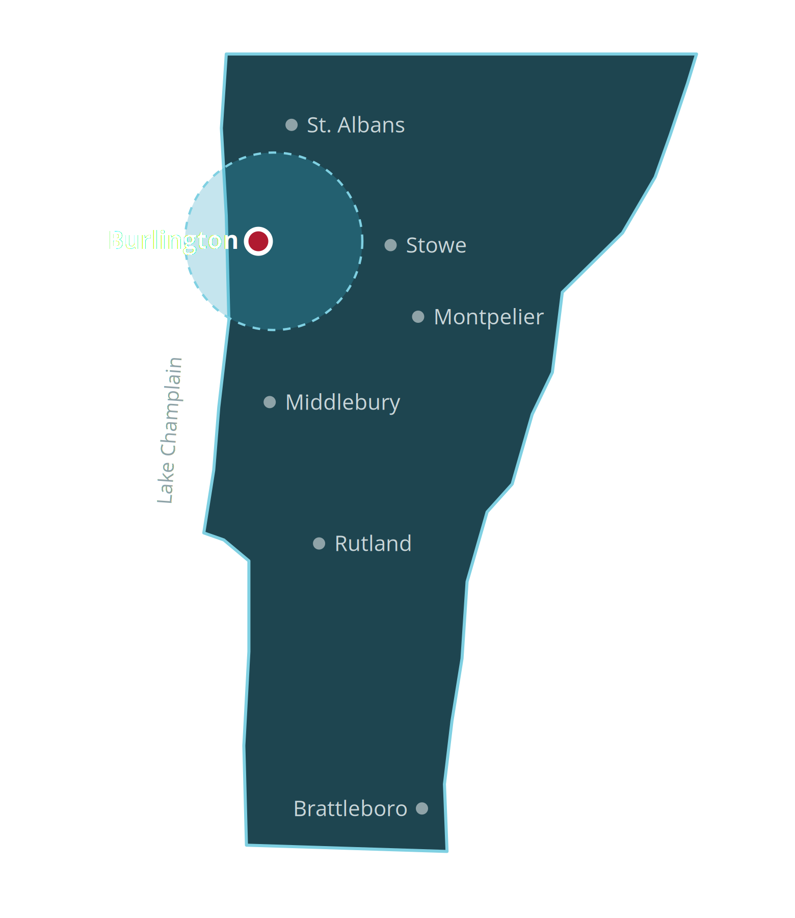 A map of Vermont showing the counties and the city of Burlington highlighted in green with a red circle.
