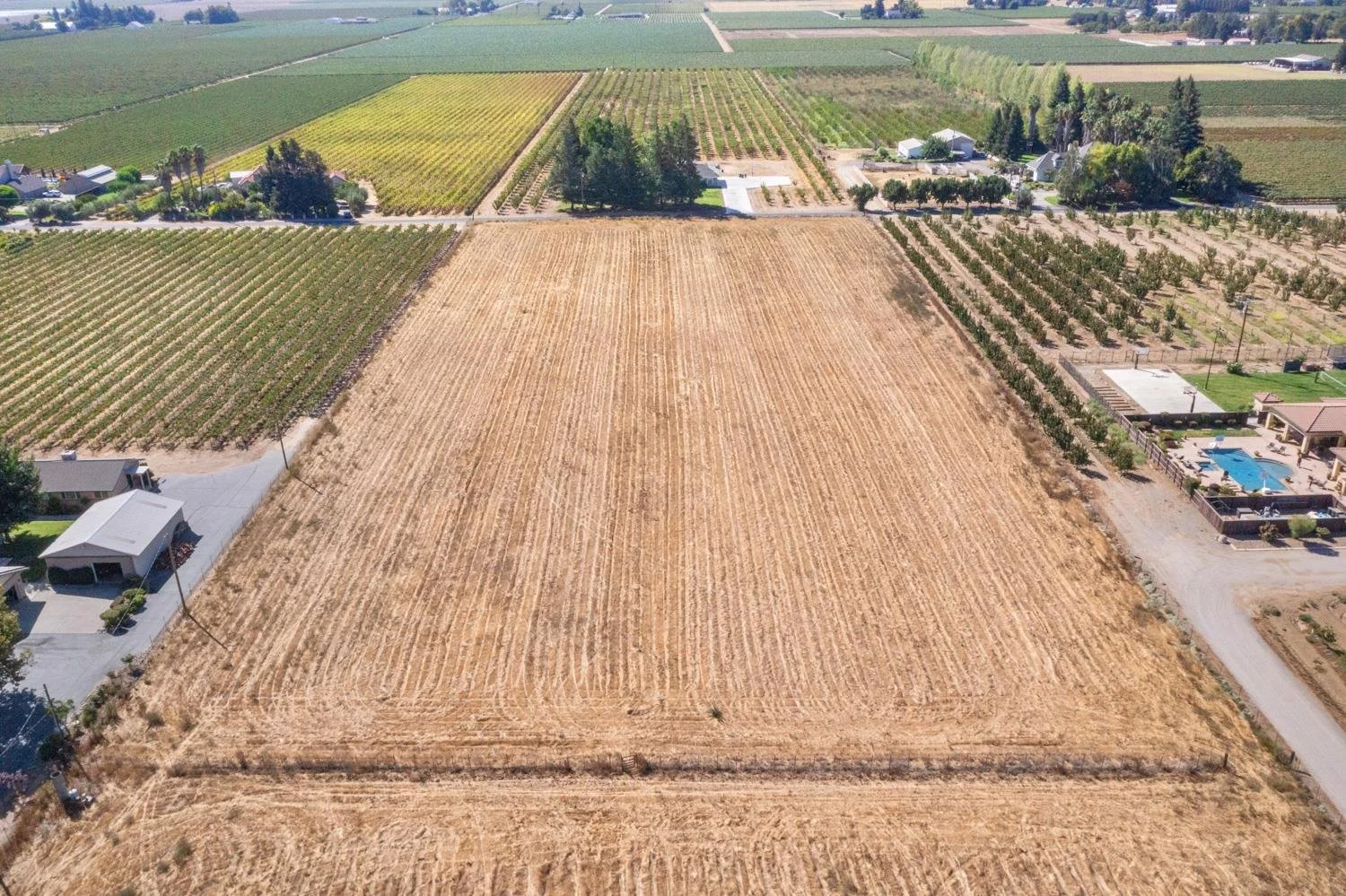Aerial view of farmland with fields of crops, trees, houses, and a swimming pool in a rural area.