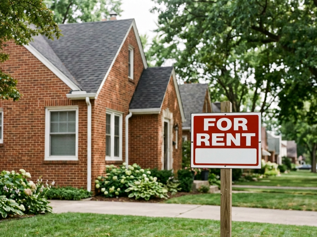 A row of red-brick houses with green lawns and trees, featuring a "For Rent" sign in the front yard of one house.
