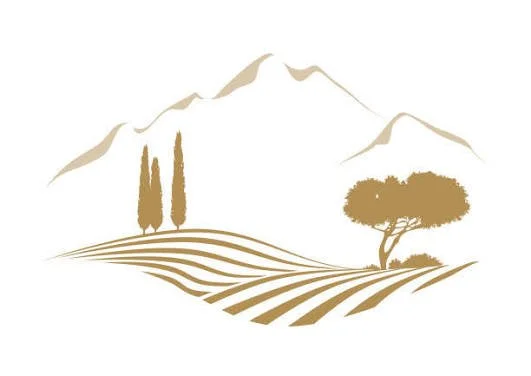 Minimalist illustration of mountains, two tall trees, a large tree, and rolling fields.