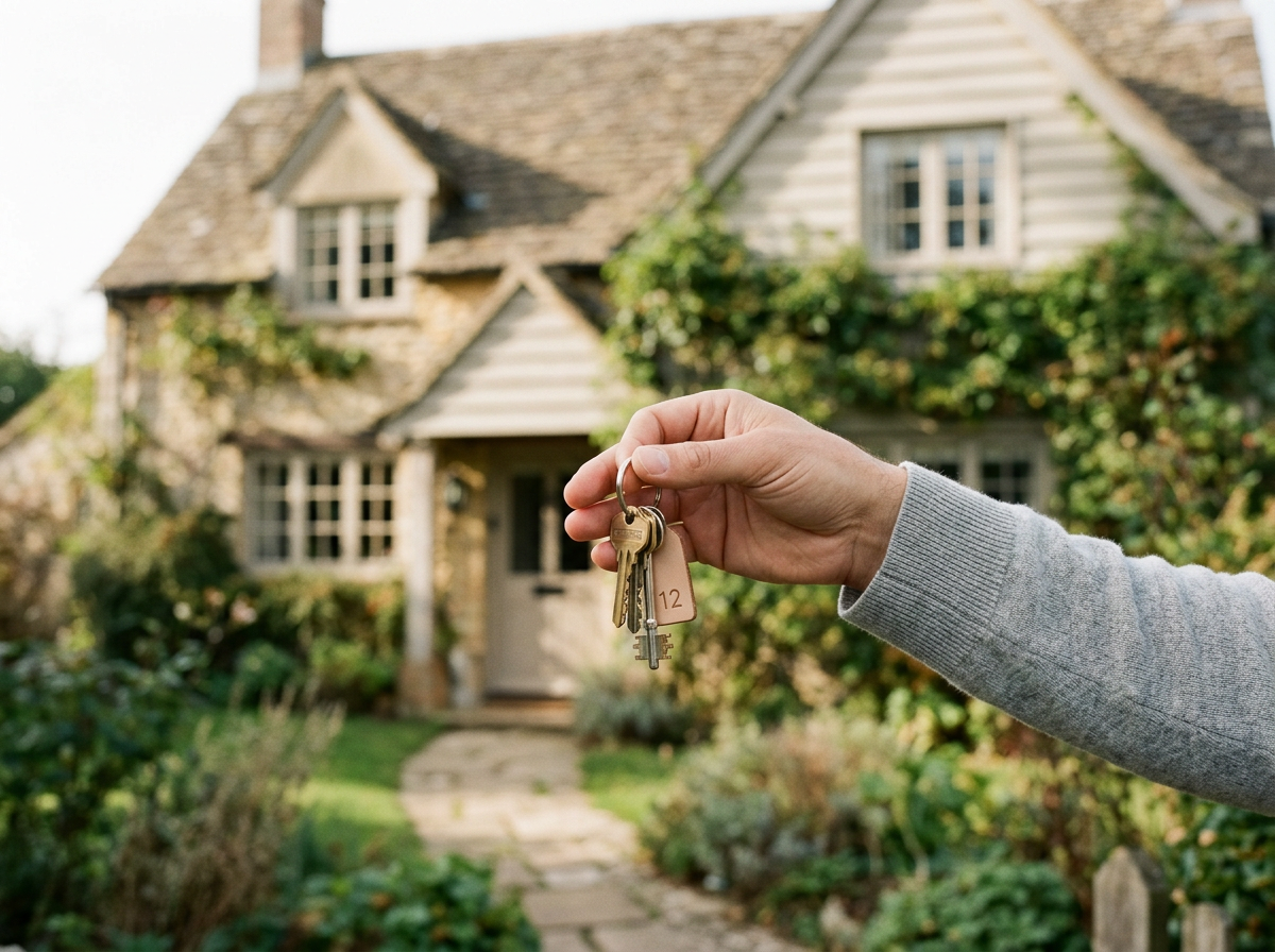 Hand holding house keys with a keychain, in front of a house with a garden.