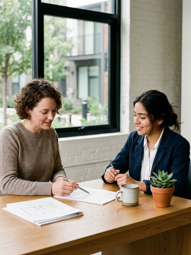 Two women sitting at a wooden table indoors, discussing documents, with a window showing an exterior view of trees and buildings.