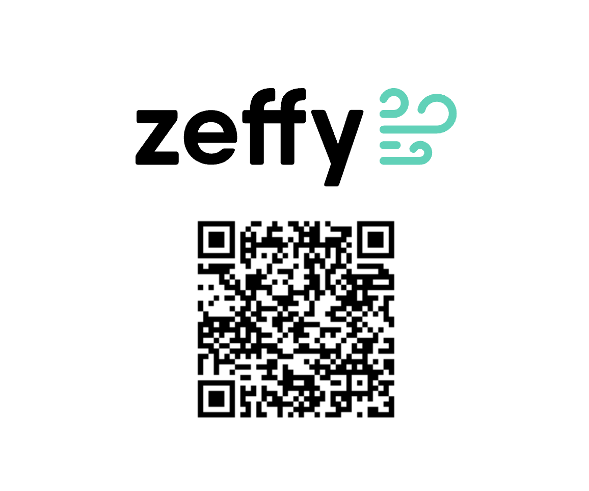 Zeffy logo with a stylized turquoise wind icon above a black QR code on a white background