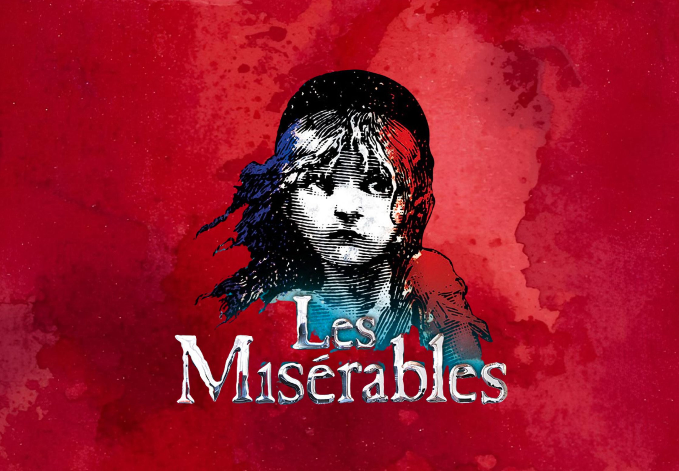 A graphic illustration of a young girl with long hair against a red watercolor background. The text 'Los Miserables' is partially visible at the bottom.