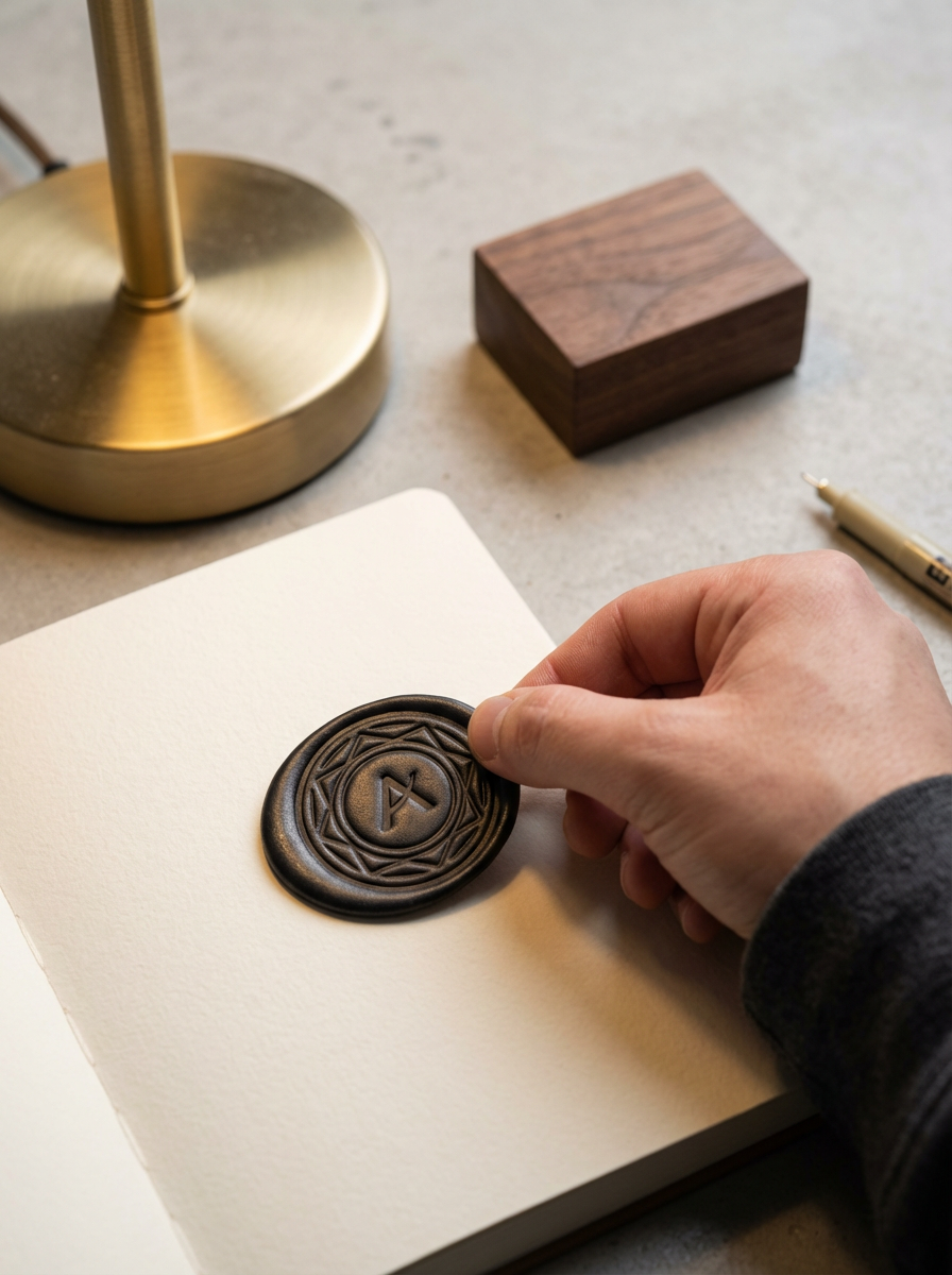 A person holding a dark wax seal with a carved design over a blank sheet of paper on a desk with a lamp, a wooden box, and a pen.