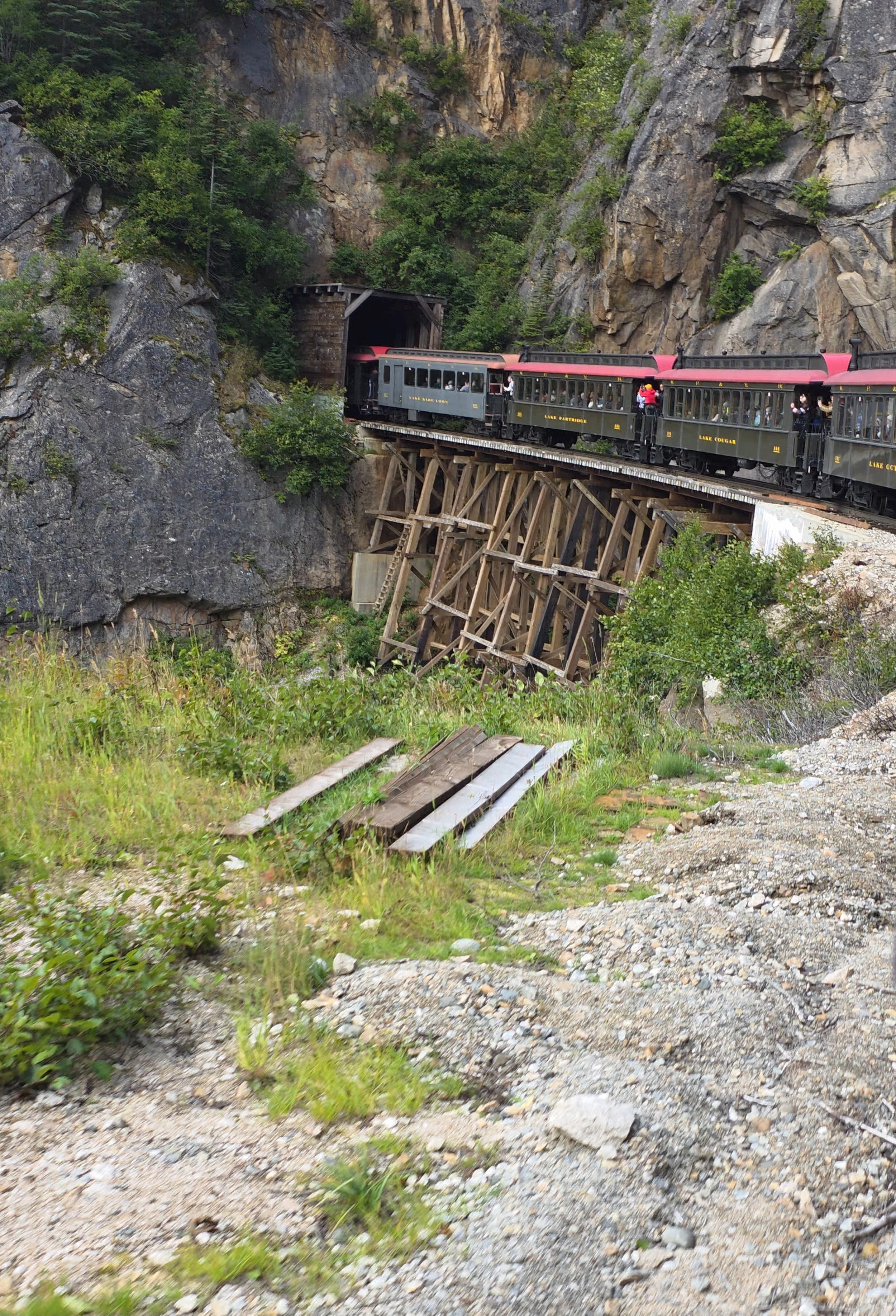 White Pass Railway entering one of the tunnels near the gorge. White Pass (Skagway and Yukon)