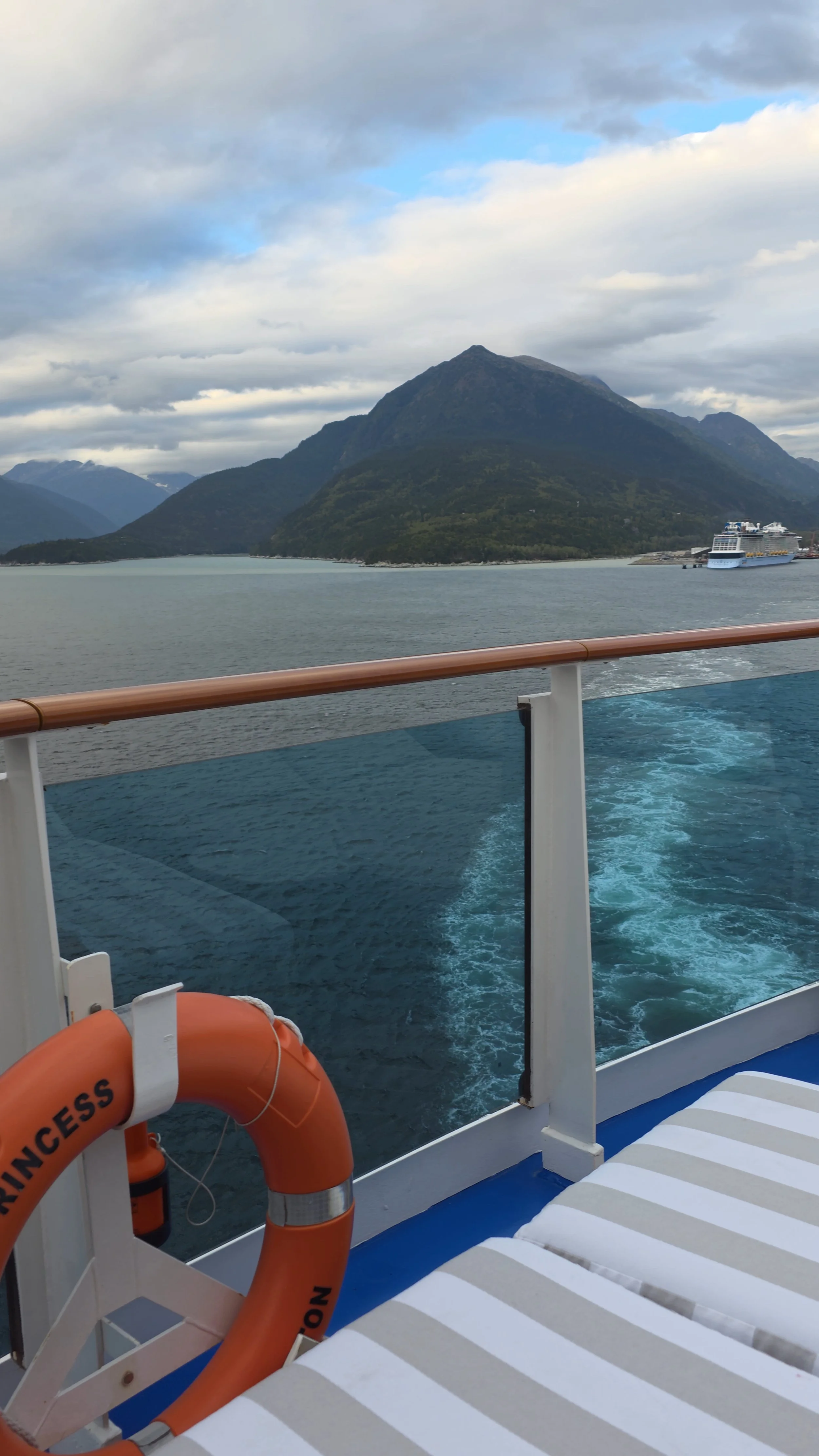 View from a cruise ship deck showing mountains, water, and cloudy sky, with a life preserver in the foreground.
