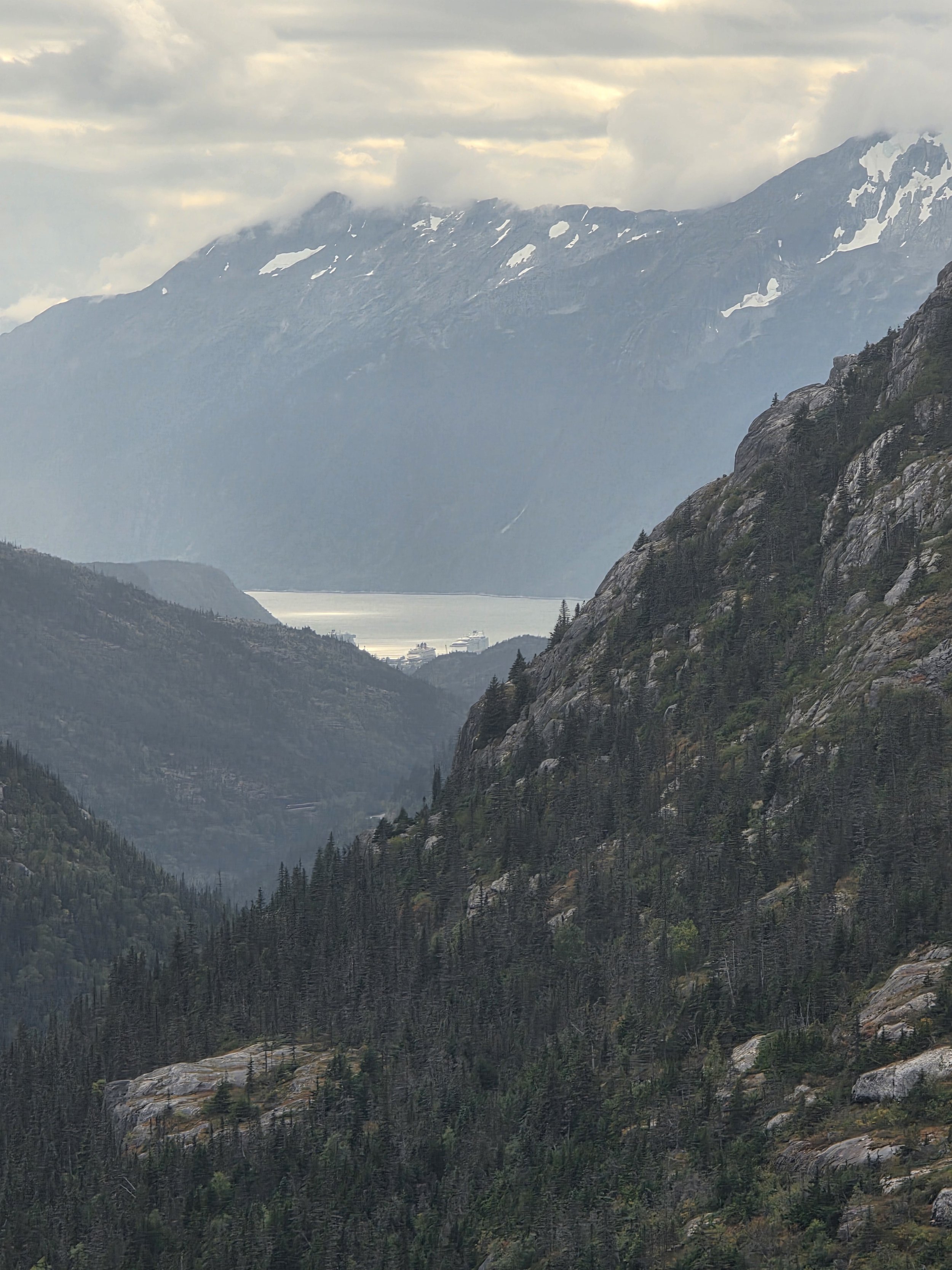 View of cruise ships in Skagway Harbor as seen from the White Pass Railway.