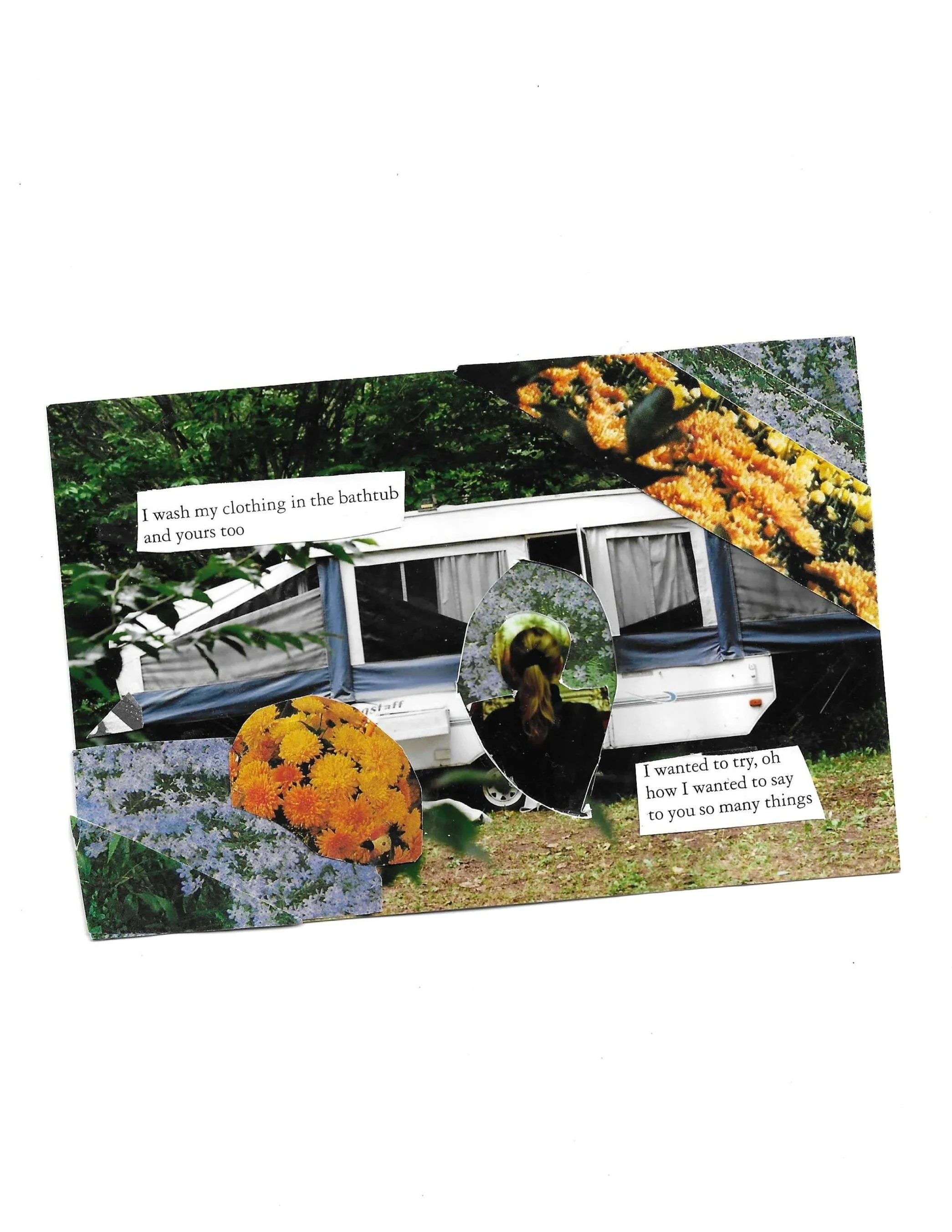 A collage of cut-out images of flowers with text snippets written on white strips, placed over a background of a white trailer with greenery.