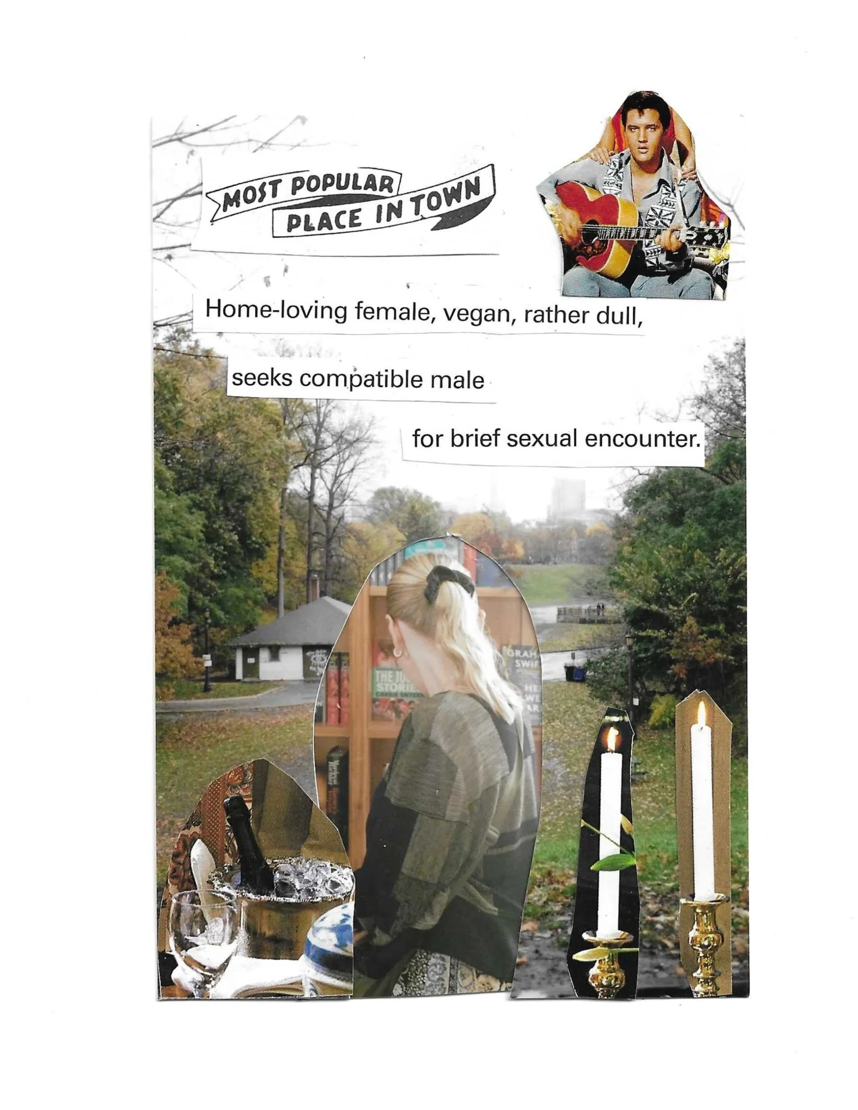 Collage of cut-out images over a park background, including a man playing guitar, a woman browsing books in a library, lit candles, and decorative objects.