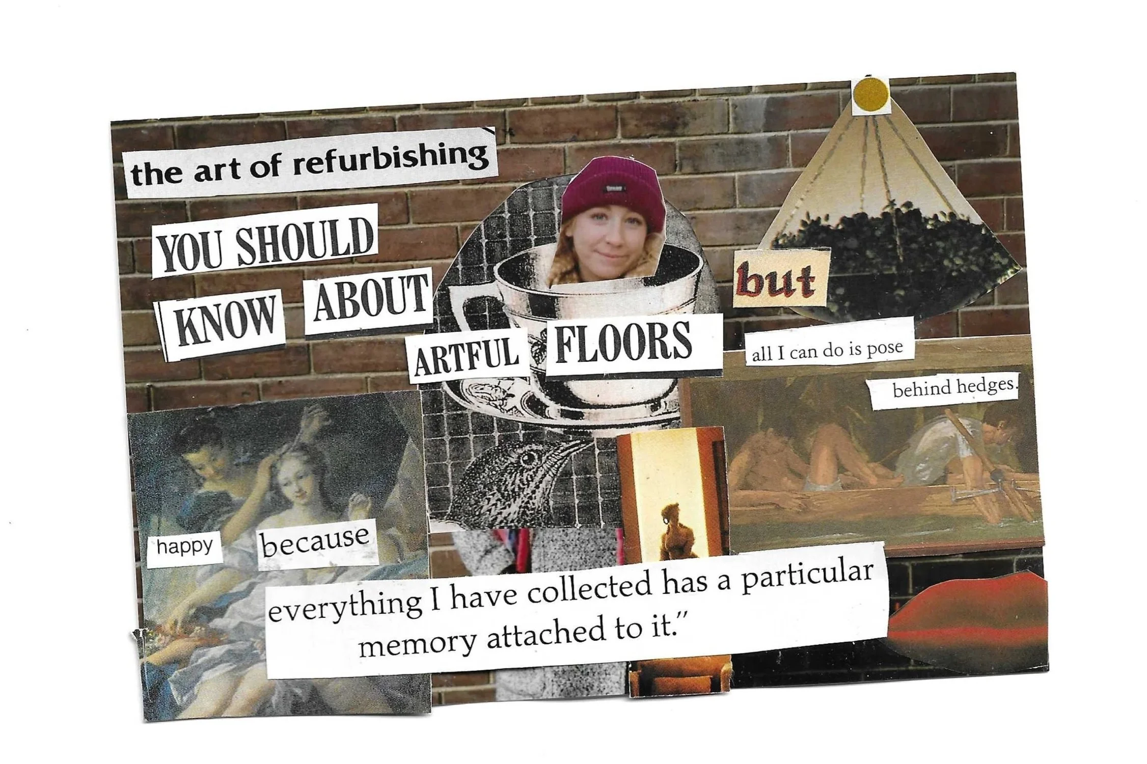 Collage of various images and text snippets, including a smiling woman wearing a red beanie, a large coffee mug, a hanging lamp, and various pieces of artwork, with a brick wall background.