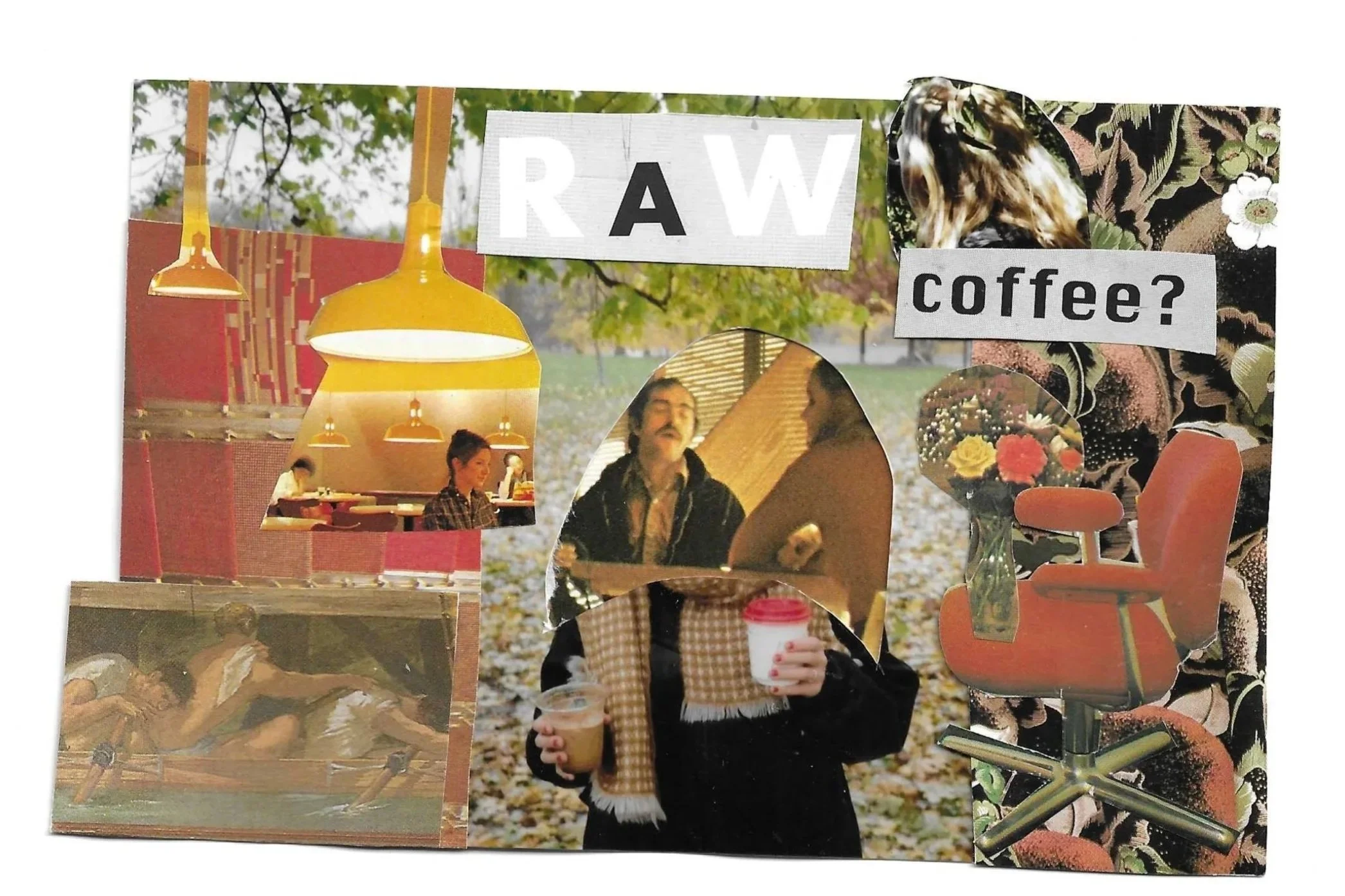 Collage of various images, including hanging yellow lamps, people drinking coffee outdoors, and floral patterns.