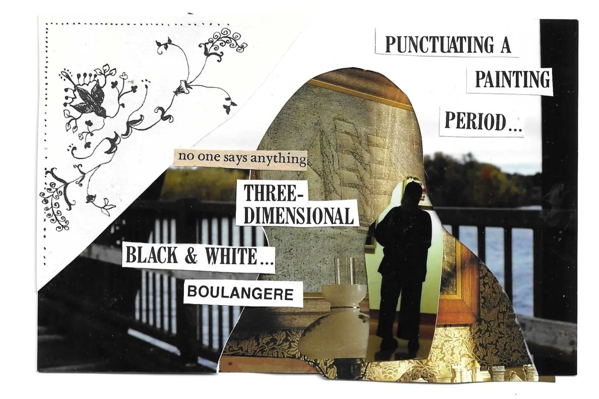 A collage of various images with text overlay, including a butterfly illustration, a person standing in front of a mirror, and elements of interior decor. The text overlay includes phrases related to art and design, such as "punctuating a painting", 