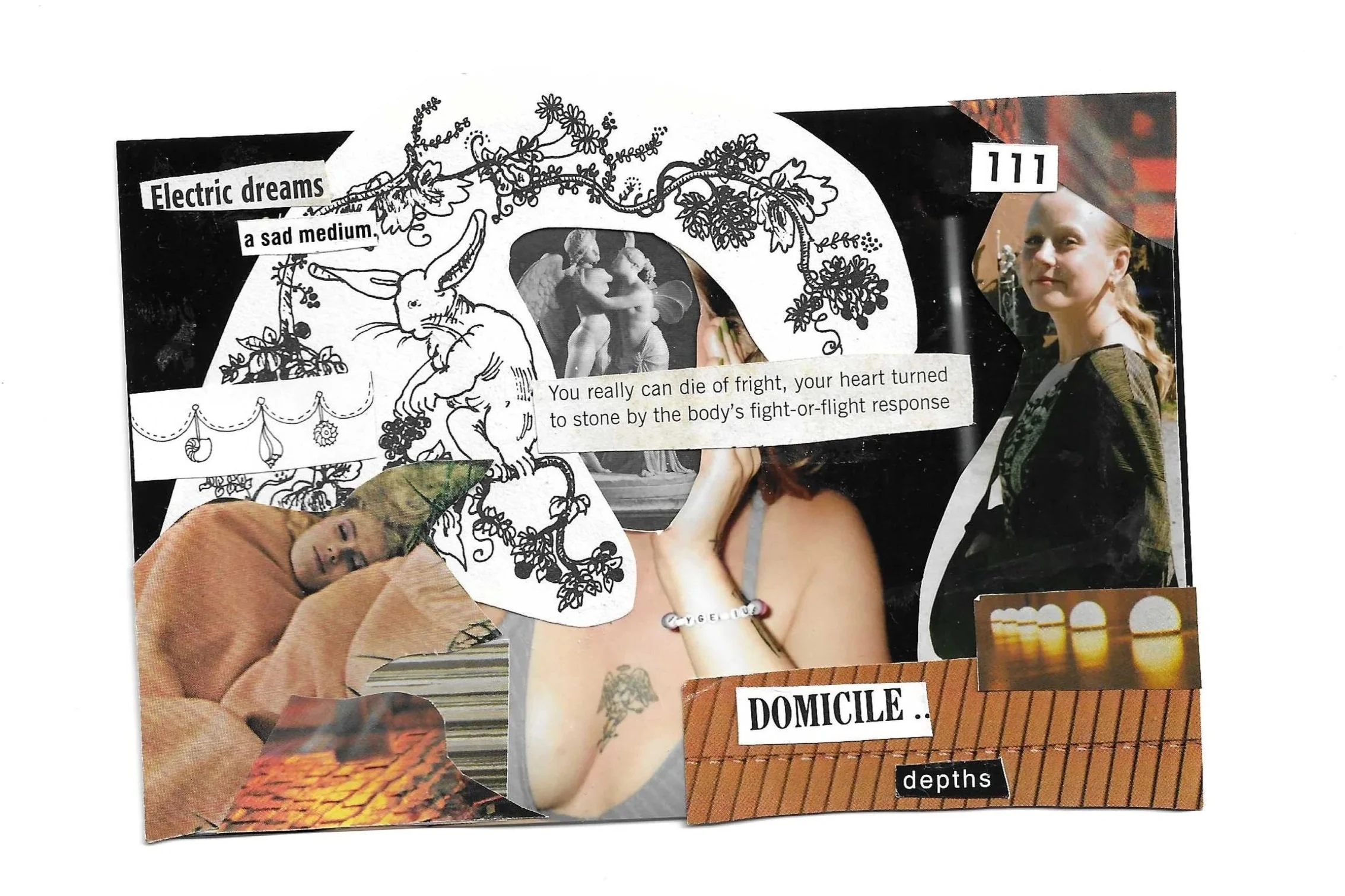 A collage of cut-out images and black-and-white illustrations, featuring a woman with a henna tattoo on her arm, a woman with leaf earrings, a young woman with a ponytail, and a black-and-white drawing of two winged figures, with various text snippet