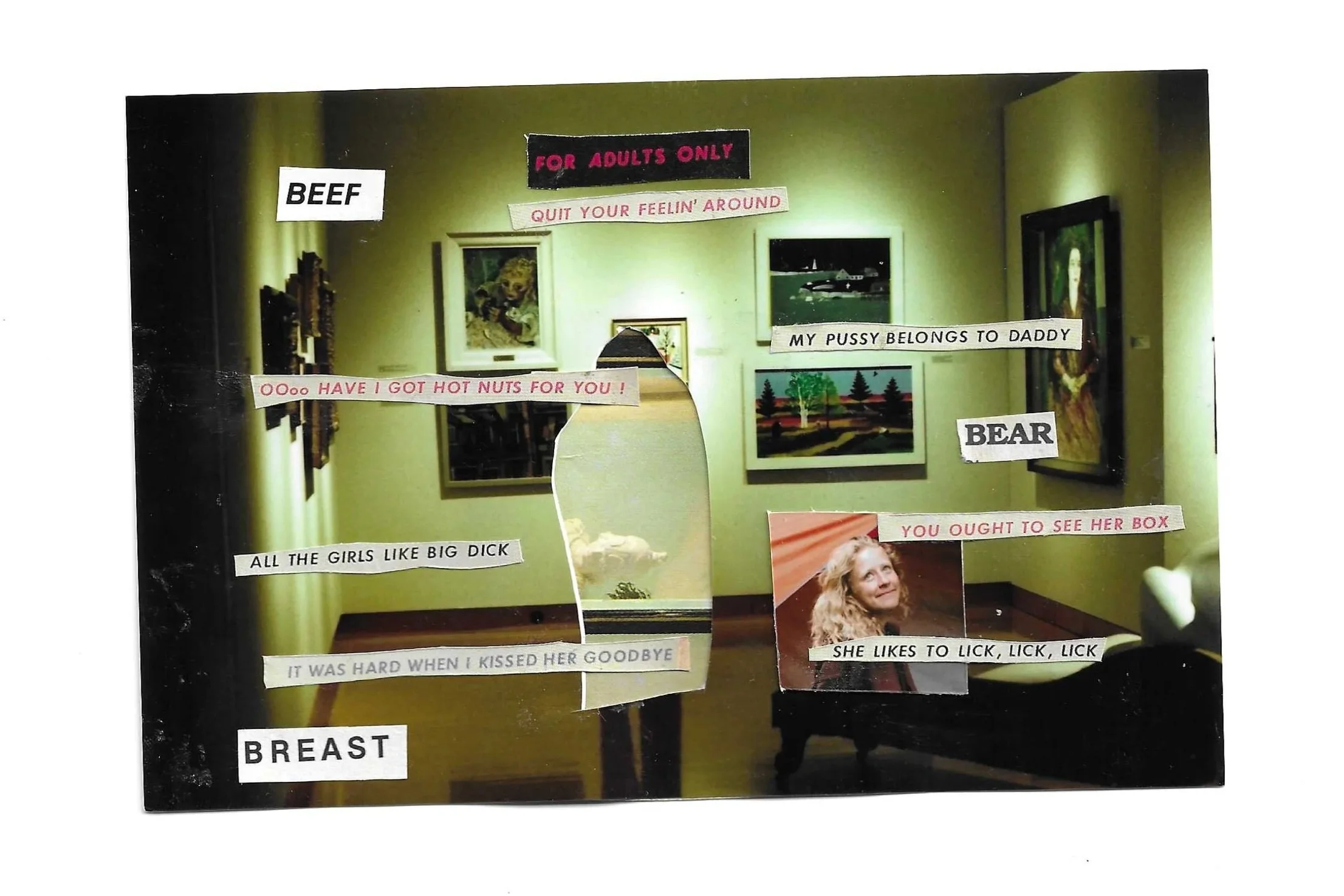 Collage of various provocative and explicit phrases and images, including pictures of women and artwork, arranged on a wall in an art gallery setting.
