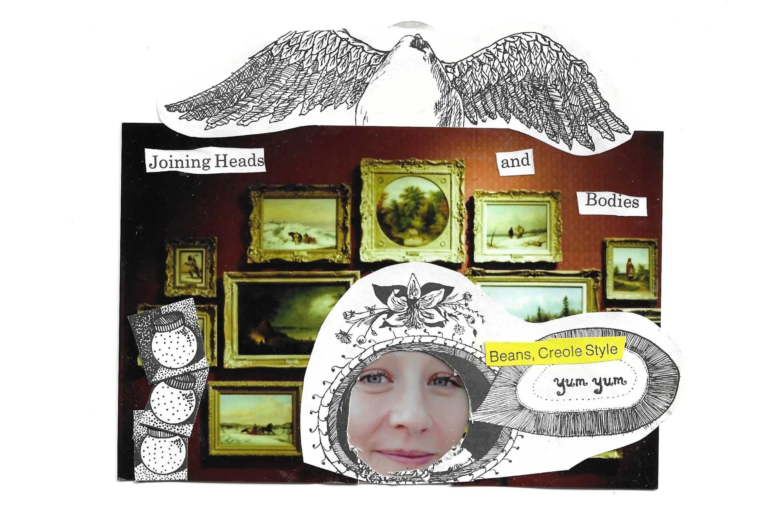 A collage of framed landscape paintings on a red wall, with a black and white drawing of bird wings at the top, cut-out text labels, and a partial photo of a smiling woman's face with the words "Yum yum" in a speech bubble.