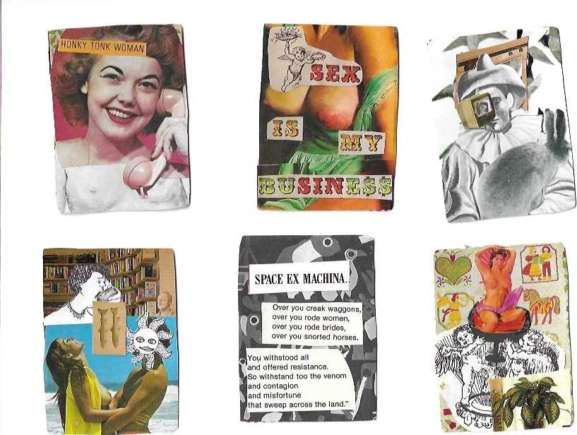 Six collage-style images with vintage and modern illustrations, photos, and mixed media. Include a woman with a phone, a woman with a 'Sex is my Business' sign, an artist with a camera, a woman in a library with cartoon characters, and abstract art with figures and animals.
