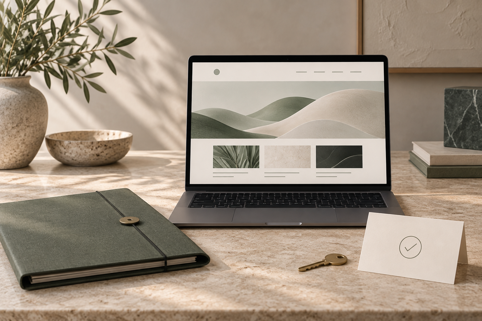 Website handover with a laptop, project folder, key and completion card