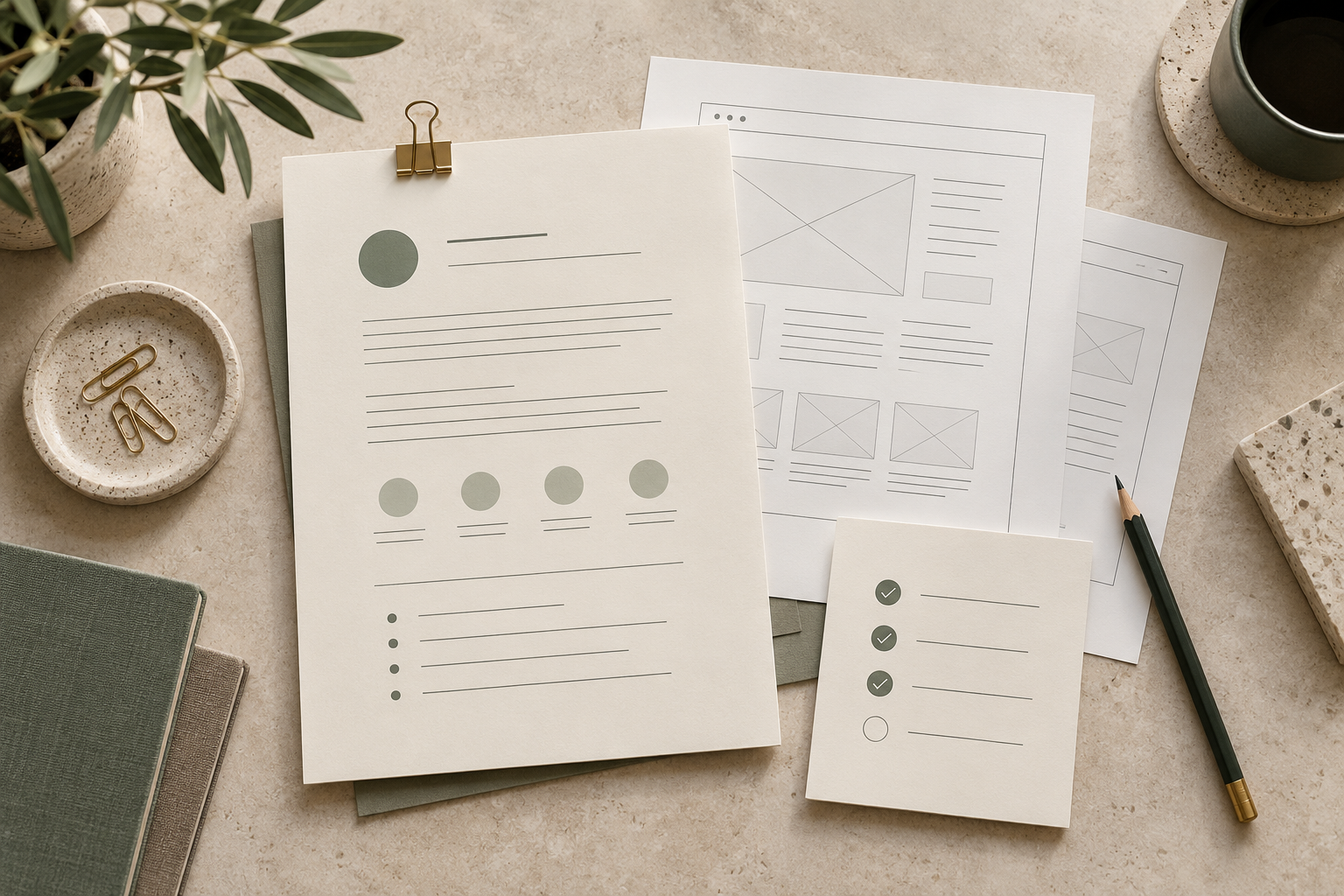 Website project brief, wireframes and checklist representing a clear scope