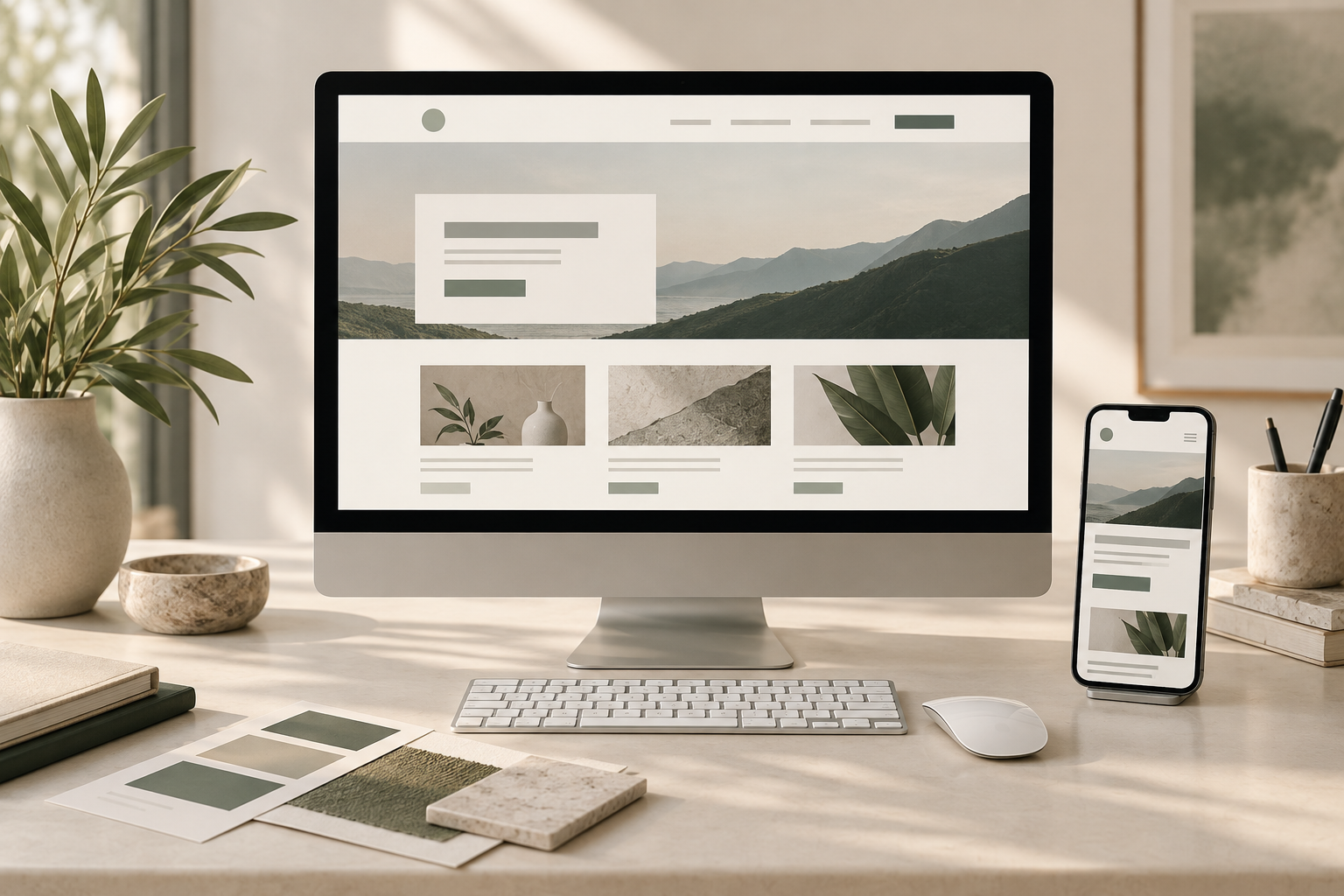 Responsive website design displayed on a desktop monitor and smartphone